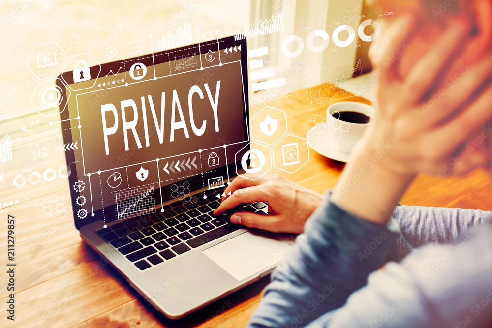 Poster privacy with man using a laptop computer