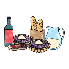 Picnic food with milk pitcher and related icons over white background, vector illustration