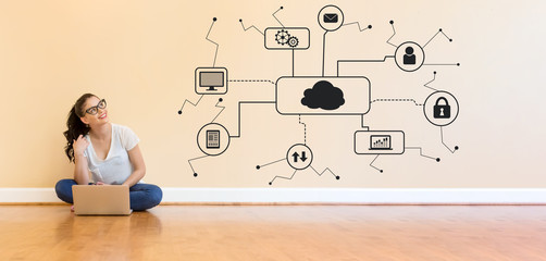 Cloud computing with young woman using a laptop computer on floor