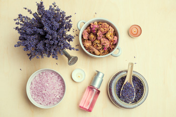 Fototapeta na wymiar lavender body care products. Aromatherapy, spa and natural healthcare concept