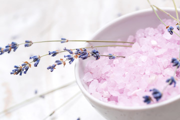 Plakat Spa set with sea salt, lavender