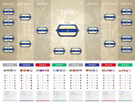 Football/soccer Match schedule vector illustration with last table score, standings and round of 16 large. Tableau des Matches - RUSSIE 2018.