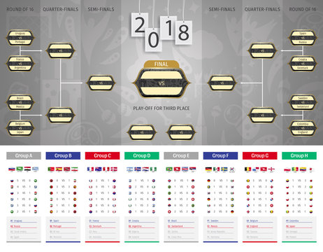 Football/soccer Match schedule vector illustration with last table score, standings and round of 16 large. Tableau des Matches - RUSSIE 2018.