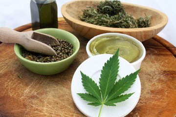 Hemp cosmetic and medicine healthy products, ointment, leaf, dry marijuana and cannabis oil.