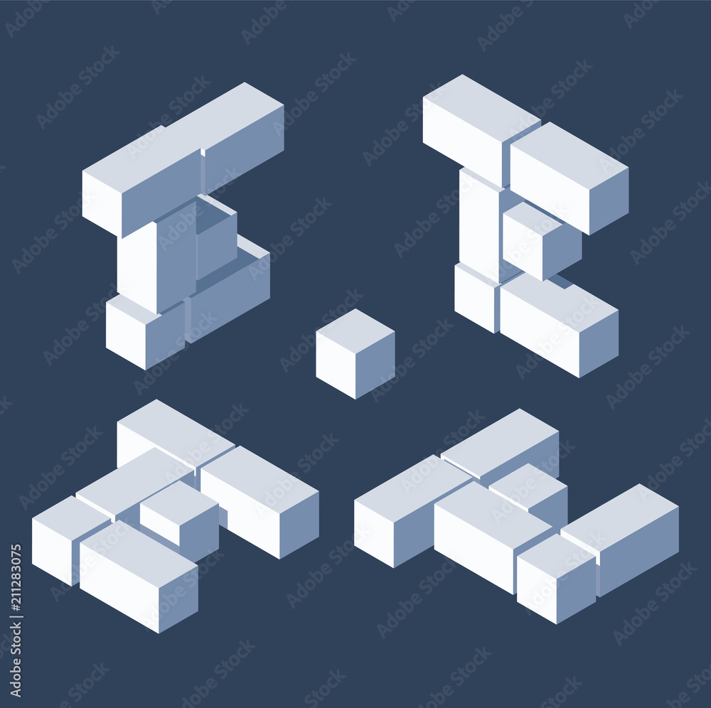 Aufkleber isometric letters e in varions views. made with 3d blocks and cubes