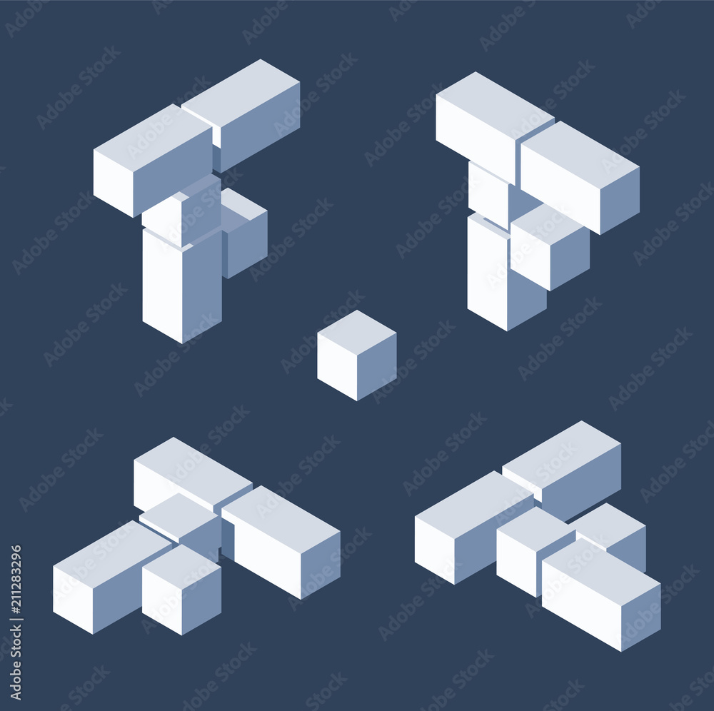 Poster isometric letters f in varions views. made with 3d blocks and cubes