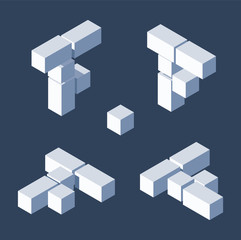 Isometric letters F in varions views. Made with 3d blocks and cubes