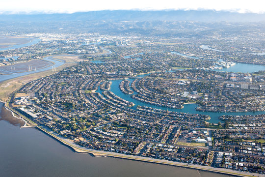 Aerial view of Redwood Shores State Marine Park and Foster city. San Francisco. California. USA