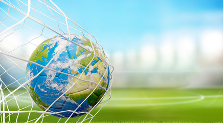 earth globe soccer ball in soccer net. goal 3D-illustration. elements of this image furnished by NASA © wetzkaz