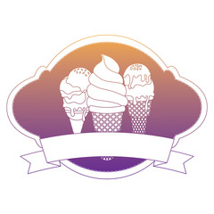 VIntage badge with decorative ribbon and ice creams icon over white background, colorful design. vector illustration