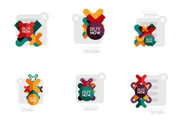 Set of flat design geometric stickers and labels, price tags, offer promotion badges, icon designs, paper style with buy now sample text, for business or web presentations, app or interface buttons