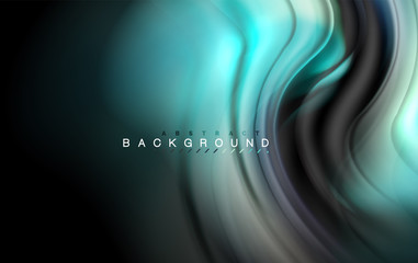 Fluid liquid colors design, colorful marble or plastic wavy texture background, glowing multicolored elements on black, for business or technology presentation or web brochure cover design, wallpaper