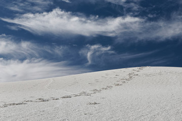 Footsteps on white sand dune