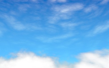 Blue sky background with white clouds. Abstraction group of clouds on clear blue sky on sunny day. 3D illustration