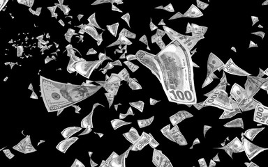 Flying dollars banknotes isolated on dark background. Money is flying in the air. 100 US banknotes new sample. Black and white style. 3D illustration