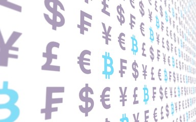 Bitcoin and currency on a white background. Digital Cryptocurrency symbol. Business concept. Market Display. 3D illustration