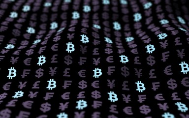 Bitcoin and currency on a dark background. Digital Cryptocurrency symbol. Wave effect, currency market fluctuations. Business concept. 3D illustration. Bit, Coin, mining concept