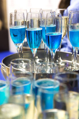The waiters greet guests with alcoholic drinks. Champagne, blue wine, white wine on trays.