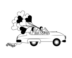 just married couple in car and balloon helium with shape heart vector illustration design