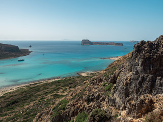 Fototapeta na wymiar Beautiful Balos beach, on the northwest of Crete island, Hania (or Chania) prefecture. Although remote and difficult to reach is one of the most famous beaches of the island and Greece. June, 2018