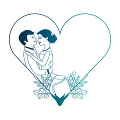 married couple with rose flower decoration in heart vector illustration design