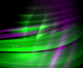 Neon glowing wave, magic energy and light motion background. Vector wallpaper template