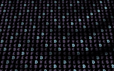 Bitcoin and currency on a dark background. Digital Cryptocurrency symbol. Wave effect, currency market fluctuations. Business concept. 3D illustration