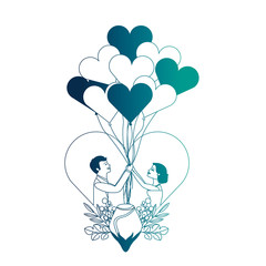 married couple with rose flower in heart and balloons helium vector illustration design