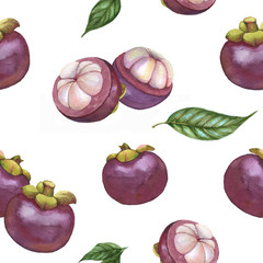 Hand drawn watercolor seamless tropical fruit pattern, mangosteen fruits, exotic fruits, superfood