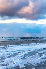 Icy Baltic sea coast in winter, Liepaja, Latvia.