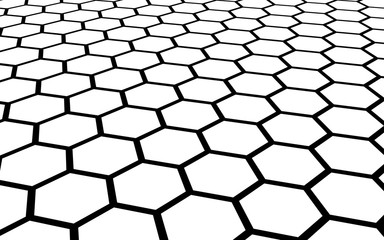 Black honeycomb on a white background. Perspective view on polygon look like honeycomb. Isometric geometry. 3D illustration