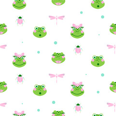 Cute frogs and dragonfly seamless vector pattern. Green baby animals.