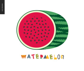 Food patterns - fruit, watermelon - half of striped watermelon on a white background, rind, pulp and black seeds - melon postcard, and lettering, perfect for t-shirt, bag or other textile decoration