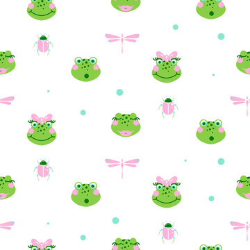 Cute Frogs And Dragonfly Seamless Vector Pattern. Green Baby Animals.