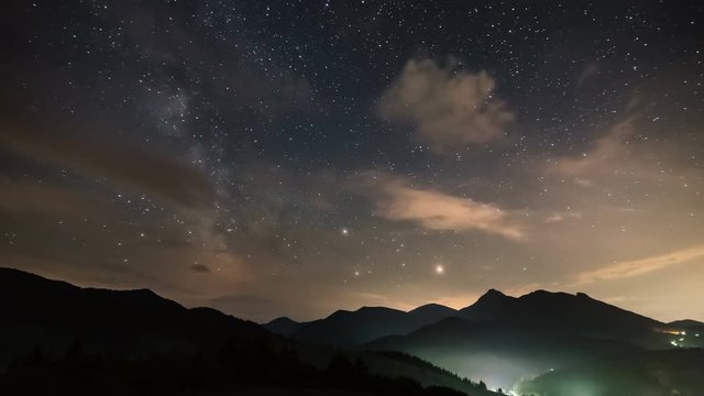 Milky way galaxy stars night sky over mountains Time lapse