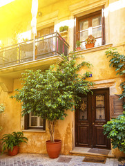 Venetian architecture in narrow stone streets of old town Chania in Crete, Greece