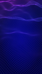 Abstract landscape on a blue background. Cyberspace grid. Hi-tech network, technology. Vertical image orientation. 3D illustration