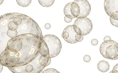 Bitcoin economic financial bubble. Cryptocurrency 3D illustration. Business concept. Golden bubbles on a white background