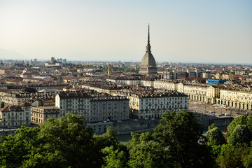Fototapeta na wymiar Perspecriva of the center of the city from the Cappuccini mountain starring the Mole Antonelliana photography in the afternoon. Photograph taken in Turin, Italy.