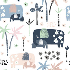 Seamless pattern with cute mom and baby elephant, palm trees and flowers. Creative childish texture. Great for fabric, textile Vector Illustration