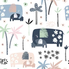 Wall murals Elephant Seamless pattern with cute mom and baby elephant, palm trees and flowers. Creative childish texture. Great for fabric, textile Vector Illustration