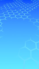 Translucent (with breaks) honeycomb on a gradient blue sky background. Perspective view on polygon look like honeycomb. Isometric geometry. Vertical image orientation. 3D illustration