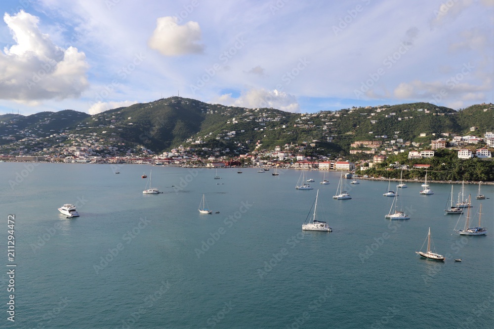 Wall mural Sailboats on the ocean with mountains in the background on the island of St. Thomas