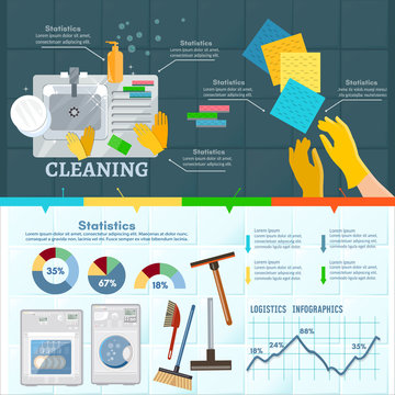 Cleaning service infographic banner. Washing windows home cleaning