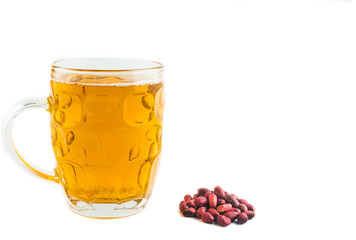 a glass of beer and nuts, on a white isolated background