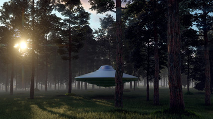 3d illustration contact with UFO in the forest
