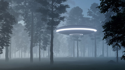 3d illustration contact with UFO in the forest   © kolbass