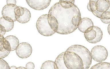 Bitcoin economic financial bubble. Cryptocurrency 3D illustration. Business concept. Golden bubbles on a white background