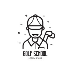 Golf school and club logotype with golfer man. Golfing league emblem in line art style. Driving range sign with abstract golf player icon.