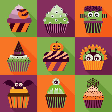 Halloween cupcakes icons with long shadow. Scary sweets collection. Decorated spooky chocolate monster muffins with cream. Pumpkin cakes halloween party poster. Trick or treat creepy food icon set.